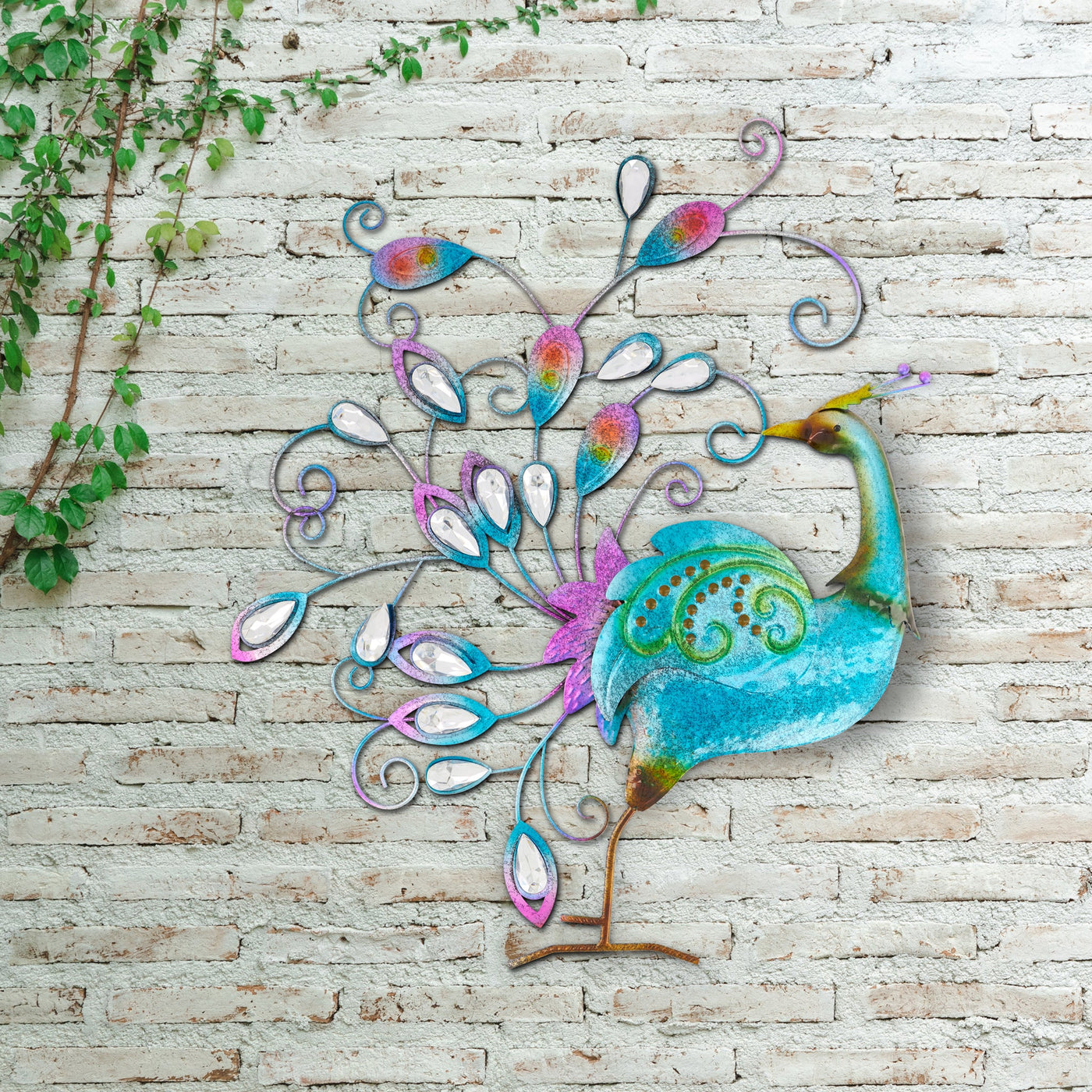 Metal Mirrored Peacock Hand Painted Wall Art - 60cm