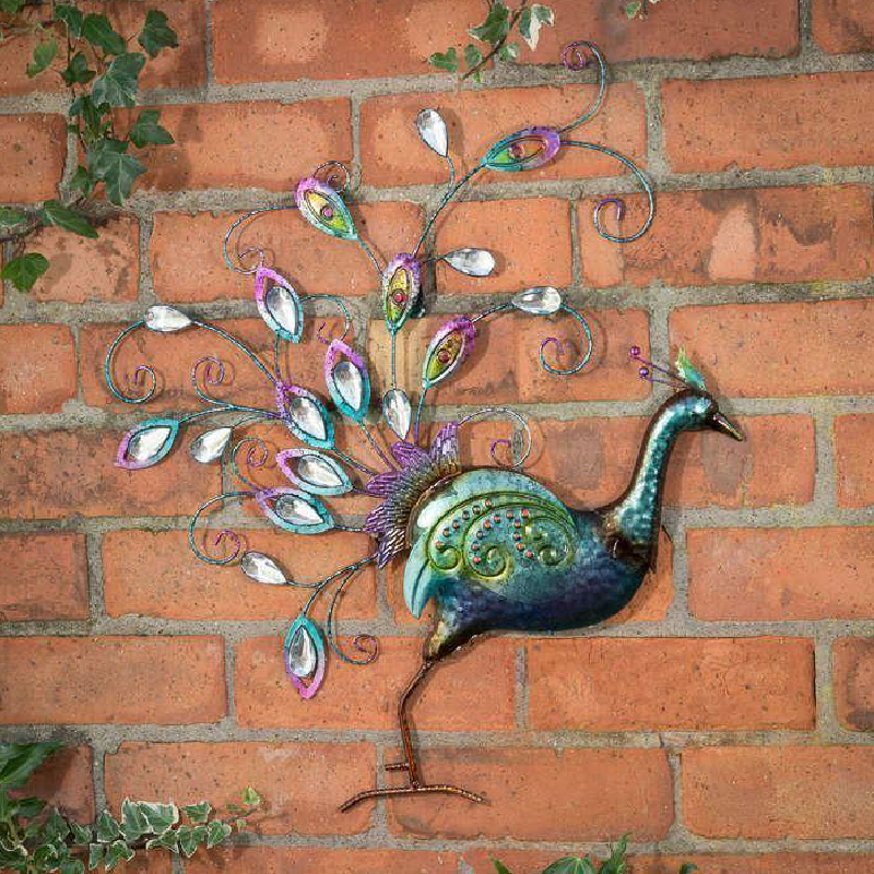 Metal Diamanté Peacock Hand Painted Wall Art - 60cm